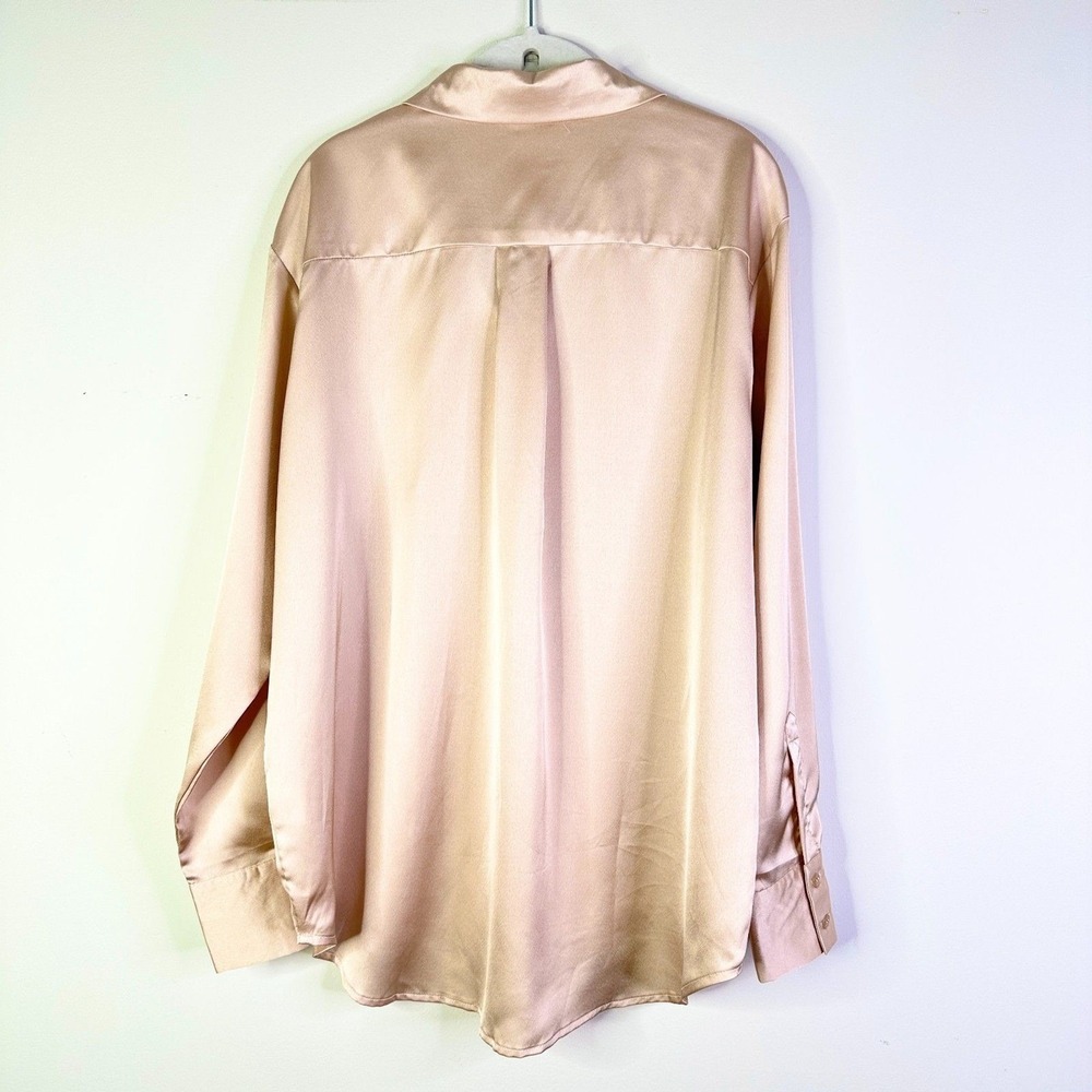 Fore Shirt Women L Champagne Pink Blush Satin Button Down Blouse Long Slv Pocket - Picture 2 of 8